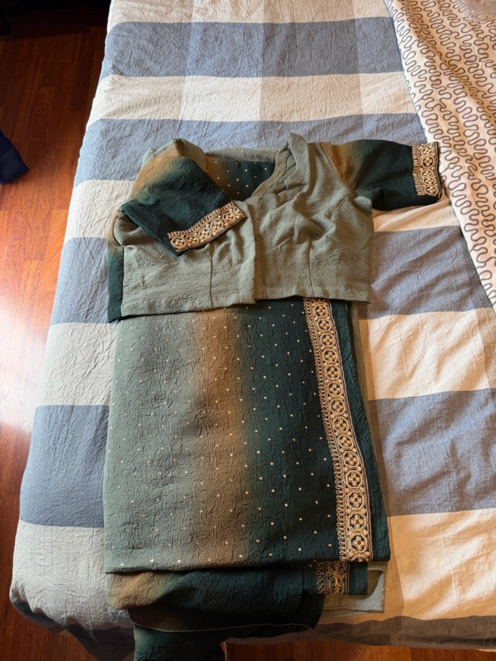 Indian Women's Olive Green Embellished ambere Saree with Gold Trim